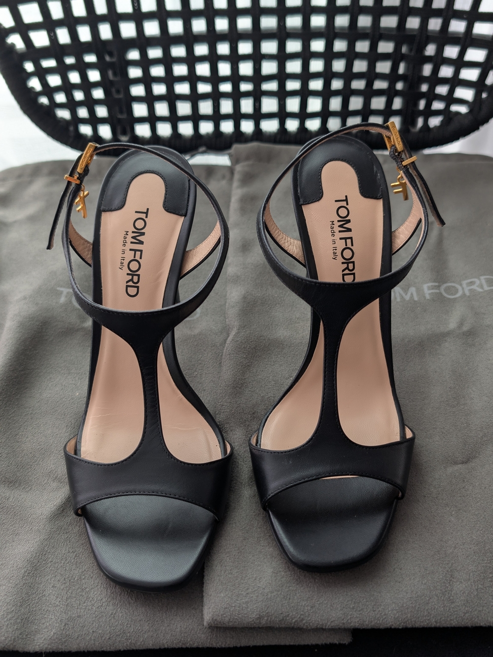 Tom Ford T-Strap Leather Lock Sandal Heels - Black (Size 37)